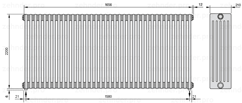 Схема (чертеж) Радиатор Zehnder Charleston 6220/36 №3570 Белый глянцевый RAL 9016